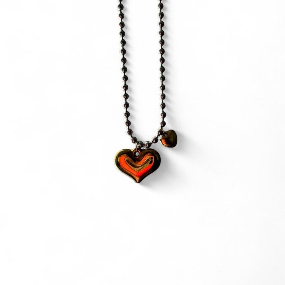 Y2K Silver Ball Chain Necklace Layered Enamel Heart Pendant Retro Charm